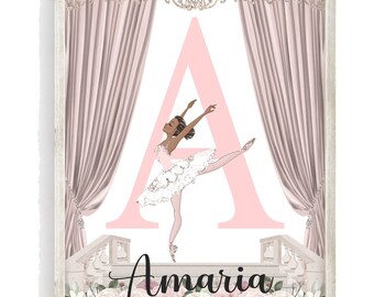 Personalized Watercolor African American Ballerina Unframed Kids Ballet Print - Baby Name Letter Initial Monogram