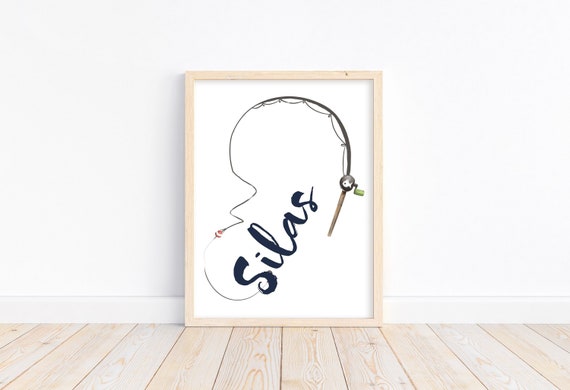 Personalized Watercolor Fishing Pole Nursery or Little Boys Room Unframed  Print, Rustic Outdoor Nautical Themed Decor 