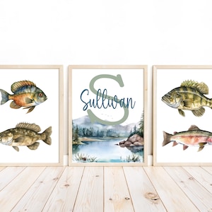 Personalized Monogram Watercolor Fishing Nursery or Little Boys Room Set of 3 Prints, Rustic Outdoor Nautical Themed Decor
