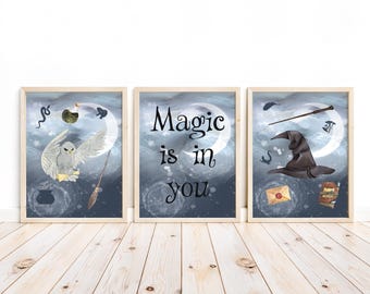 Wizard Nursery Art Prints - Magical Owl and Hat Decor - Set of 3