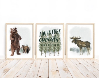 Woodland Nursery Decor: Bear, Moose, Forest Watercolor Set of 3 Unframed Prints