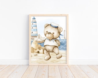 Sailor Teddy Bear Nautical Nursery Art Unframed Print: Watercolor Ocean Theme