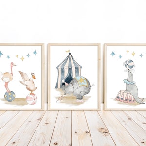 Elephant Ostrich Seal Watercolor Circus Animals Themed Nursery Decor Set of 3 Unframed Prints