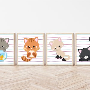 Kittens Cat Nursery Decor Set of 4 Unframed Prints Cute Animal Pink Purple Teal Little Girls Room