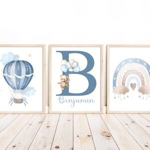 Teddy Bear Nursery Decor: Watercolor Rainbow, Hot Air Balloon Prints (Set of 3)