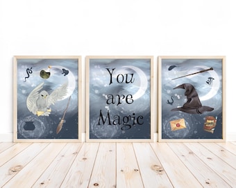 Magic Nursery Decor Prints: Wizard Owl Art, Set of 3 Unframed