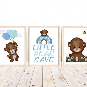 Teddy Bear Watercolor Prints: Rainbow Balloons, Baby Boy Nursery Decor