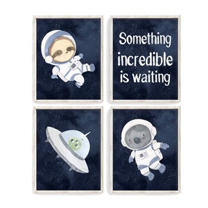 Sloth, Koala, Alien Astronaut Prints: Outer Space Nursery Decor (Set of 4)
