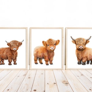 Instant Download - Watercolor Highland Cow Rustic Farm Nursery Decor Set of 3 Farmhouse Farm Baby Calf Printables