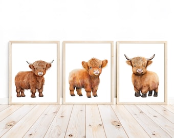 Highland Cow Nursery Wall Art Set of 3 Unframed Prints Rustic Farm Baby Calf