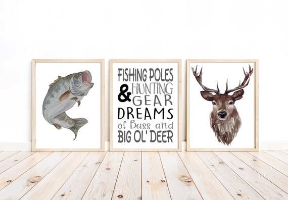 Watercolor Bass and Deer Hunting Fishing Quote Nursery Little Boys Room  Unframed Set of 3 Prints Rustic Nature Outdoor Themed Decor 