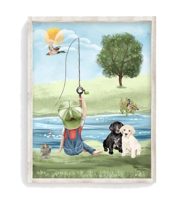 Boy Fishing With Black and Yellow Lab Watercolor Fishing Etsy