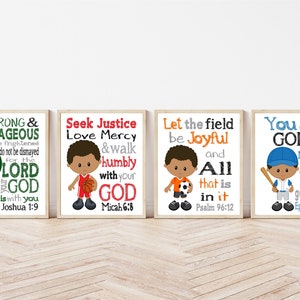 African American Sports Christian Bible Verses Nursery Little Boys Room Set of 4 Unframed Prints - Football, Baseball, Soccer and Basketball