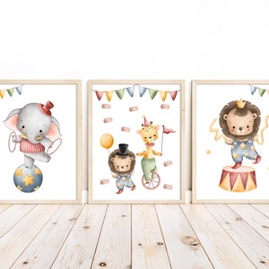 Safari Elephant Lion Giraffe Watercolor Circus Animals Themed Nursery Decor Set of 3 Unframed Prints