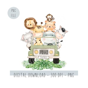 Safari Jungle Watercolor Animals in Jungle car Clipart, Baby Onesie PNG Arquivo Digital para Designs de Sublimação de Camisetas ou Babadores Infantis