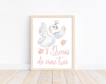 Instant Download Watercolor Ballerina Swan Pink and Gold Ballet Nursery Little Girls Room Decor Printable - Dreams Do Come True