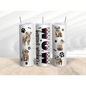 Gobelet mince maman bouledogue anglais Wrap PNG sublimation Clipart chien maman gobelet droit 20 oz rose et noir paillettes