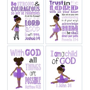 African American Ballerina Christian Childrens Nursery Decor Set of 4 Prints with Bible Verses in Purple