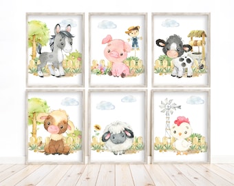Watercolor Farm Animals Nursery Prints Set of 6 Unframed Prints, Cow, Pig, Horse, Sheep