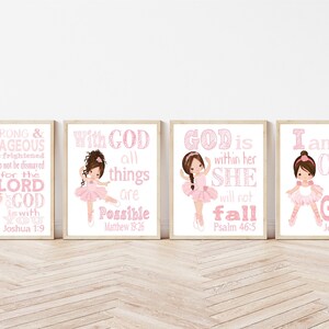 Pink Ballerinas Christian Nursery Decor Set of 4 Prints with Bible Verses