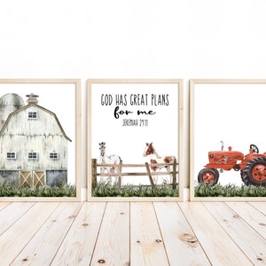 Farmhouse Nursery Prints: Barn, Horses, Tractor - Christian Decor (Set of 3)