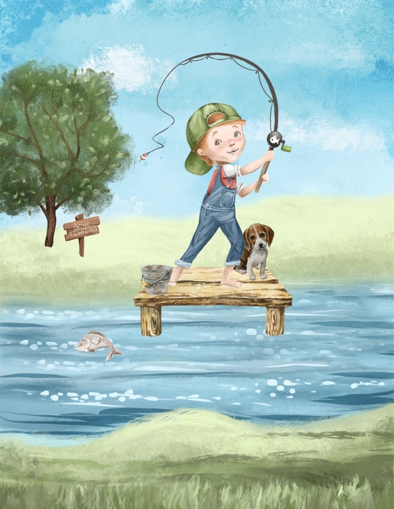 Boy Fishing With Puppy Dog Watercolor Fishing Nursery Little Boys Room  Unframed Print, Rustic Outdoor Nautical Themed Decor 