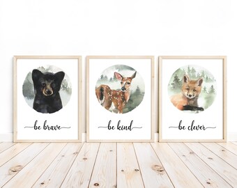 Woodland Nursery Decor: Bear, Fox, Deer Watercolor Prints (Set of 3)