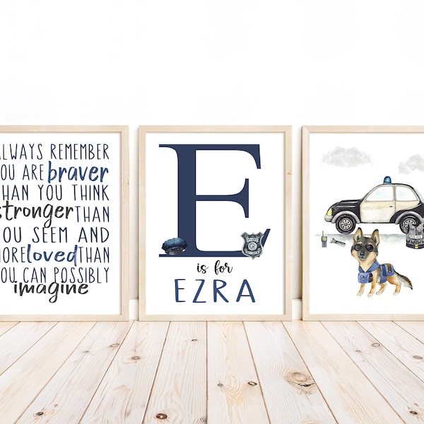 Watercolor Police Dog Personaized Nursery Little Boys Room Decor Set of 3 Unframed Prints - Baby Name and Initial