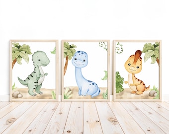 Watercolor Dinosaur T-Rex Brachiosaurus Nursery Decor Set of 3 Unframed Prints