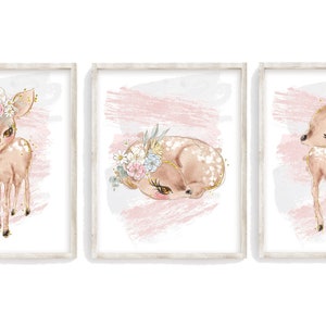 Watercolor Baby Deer in Blush Pink Nursery Art Decor Set of 3 Unframed Prints