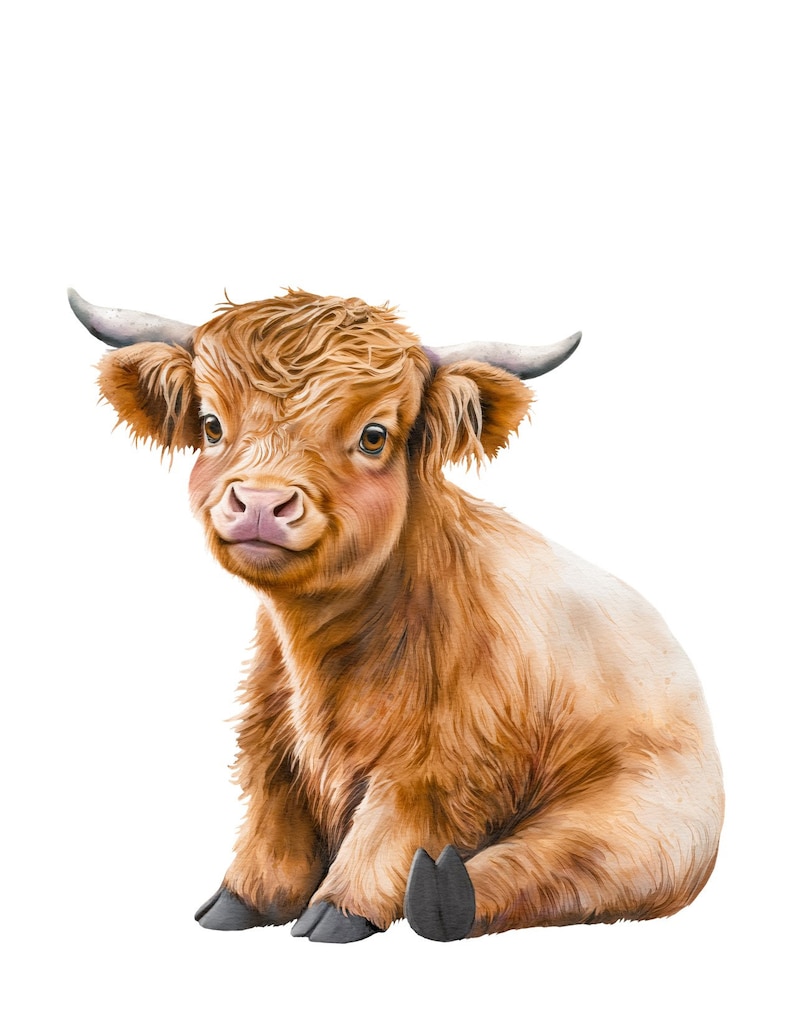 May include: A brown and white Highland cow calf sitting with its legs crossed. The calf has a fluffy coat and big brown eyes.