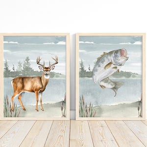 Watercolor Deer and Fish Prints: Rustic Hunting Nursery Decor Set