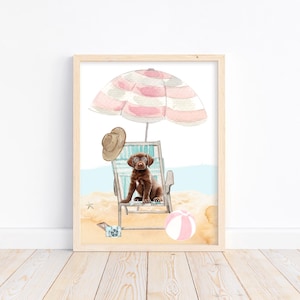 Chocolate Lab Puppy Beach Print: Watercolor Dog Illustration