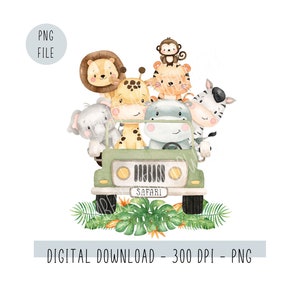 Safari Jungle Watercolor Animals in Jungle Car Clipart, Bebê Macacão PNG Arquivo Digital para Crianças Designs de Sublimação de Camisas