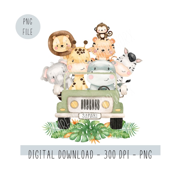 Safari Jungle Watercolor Animals in Jungle car Clipart, Baby Onesie PNG Digital File for Kids Shirt Sublimation Designs