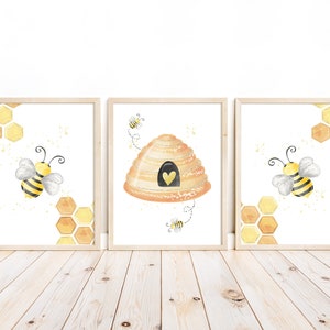 Cute Bee Nursery Decor Set of 3 Unframed Prints Kids Room Wall Art Bumble Bee Girls Room Decor