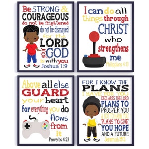 Gaming Little Boy Christian Nursery Prints: Bible Verse Decor (Set of 4)