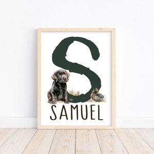 Personalized Watercolor Black Lab Puppy and Duckling Rustic Wilderness Outdoor Hunting Nursery Decor Unframed Print - Name and Initial