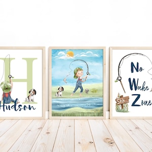 Personalized Fishing Nursery Decor: Watercolor Boy and Dog Prints (Set of 3)