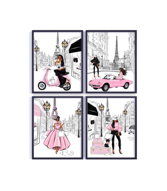 Paris Fashion Girl Art Prints: Pink & Black Room Decor Set - Etsy