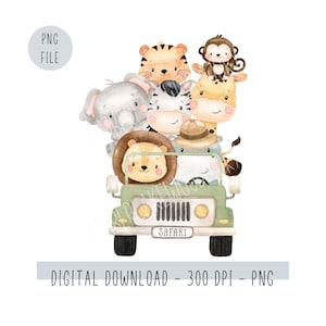 Safari Jungle Watercolor Animals in Jungle car Clipart, Baby Tutina PNG File digitale per bambini Maglietta Disegni a sublimazione