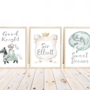 Personalized Watercolor Fairytale Knight Dragon Nursery Set of 3 Unframed Prints, Good Knight Sweet Dreams in Mint and Gray