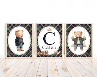 Personalized Vintage Teddy Bear Plaid Nursery Decor, Set of 3 Unframed Prints