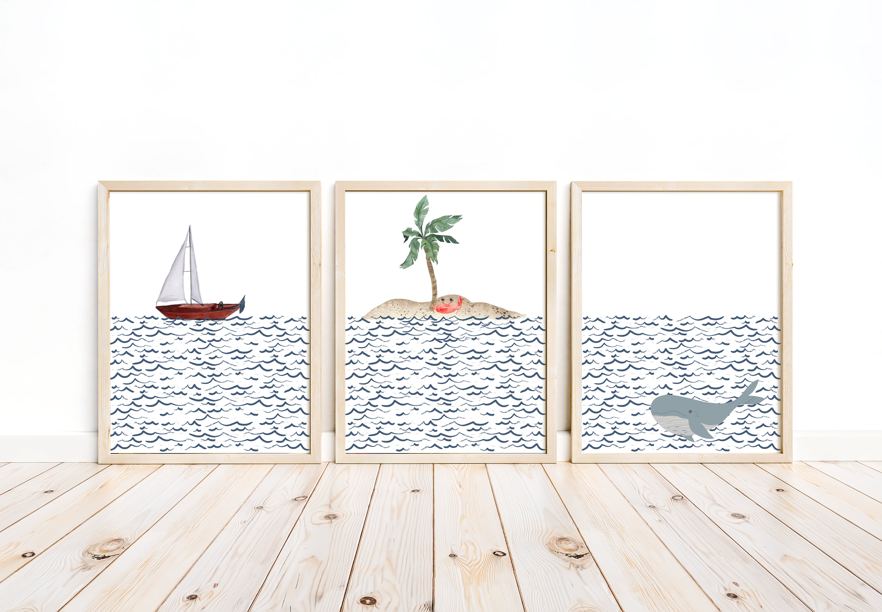 Nautical Waves Sailboat, Island and Whale Watercolor Nursery Set of 3 Unframed Prints, Minimalist Nautical Themed Home Decor
