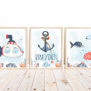 Personalized Watercolor Nautical Ocean Nursery Set of 3 Unframed Prints, Under the Sea Gender Neutral Art