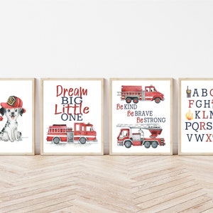 Dream Big Fireman Rescue Vehicles Dalmation Dog Nursery Little Boys Room Decor Set of 4 Unframed Prints