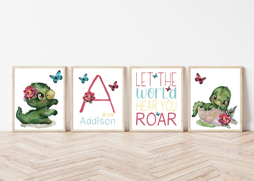 Personalized Baby Girl Dinosaur Nursery Children's Décor Set of 4