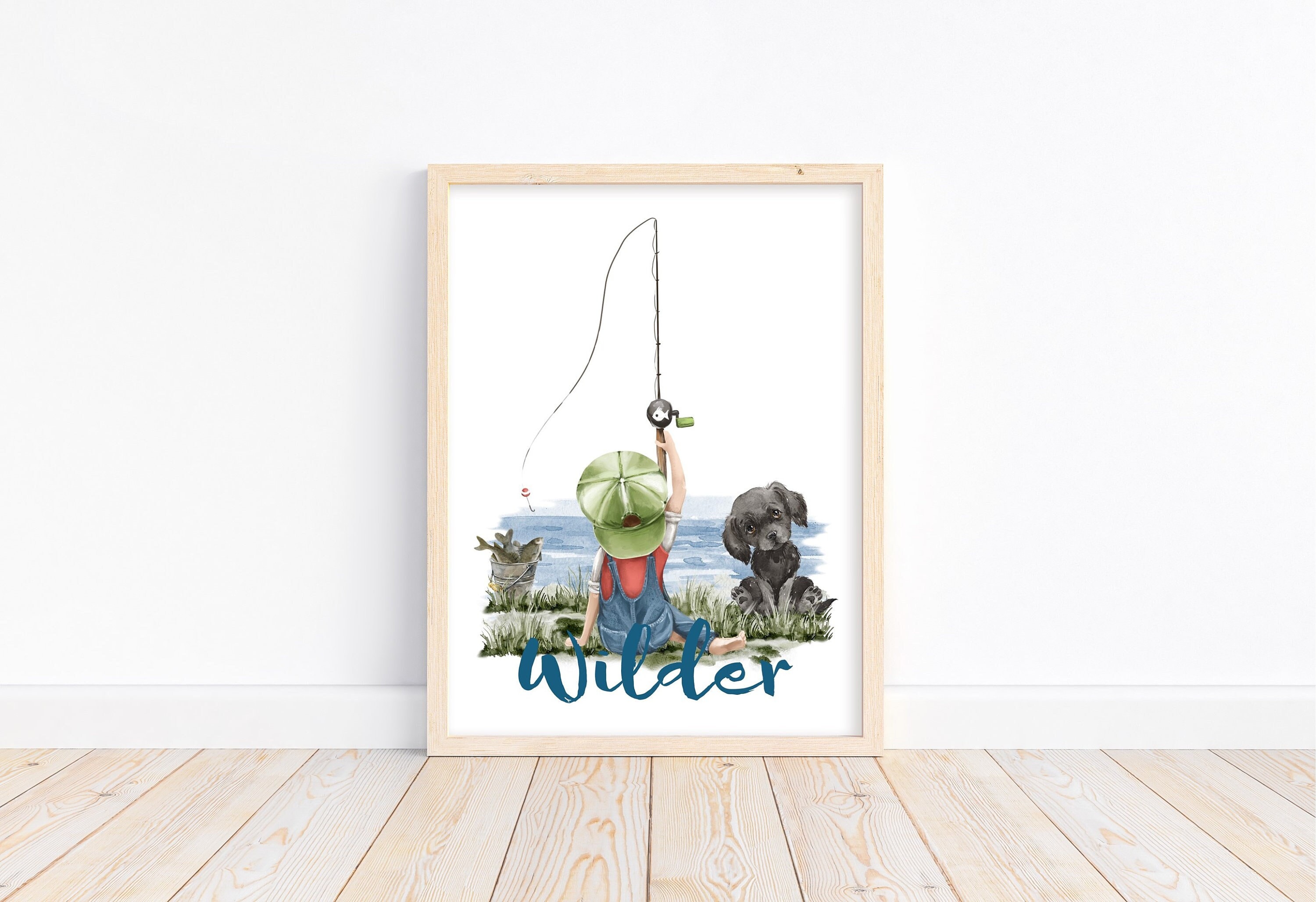 Personalized Boy Fishing with Black Lab Puppy Dog Watercolor Fishing  Nursery Little Boys Room Unframed Print Rustic Outdoor Themed Decor
