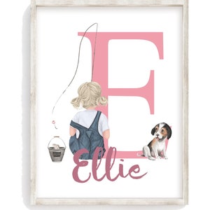 Personalized Monogram Watercolor Little Girl Fishing with her Dog Nursery or Little Girls Room Print, Rustic Outdoor Nautical Themed Decor