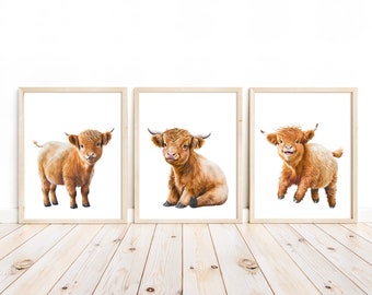 Instant Download Watercolor Highland Cow Rustic Farm Nursery Decor Set of 3 Farmhouse Farm Baby Calf Printables